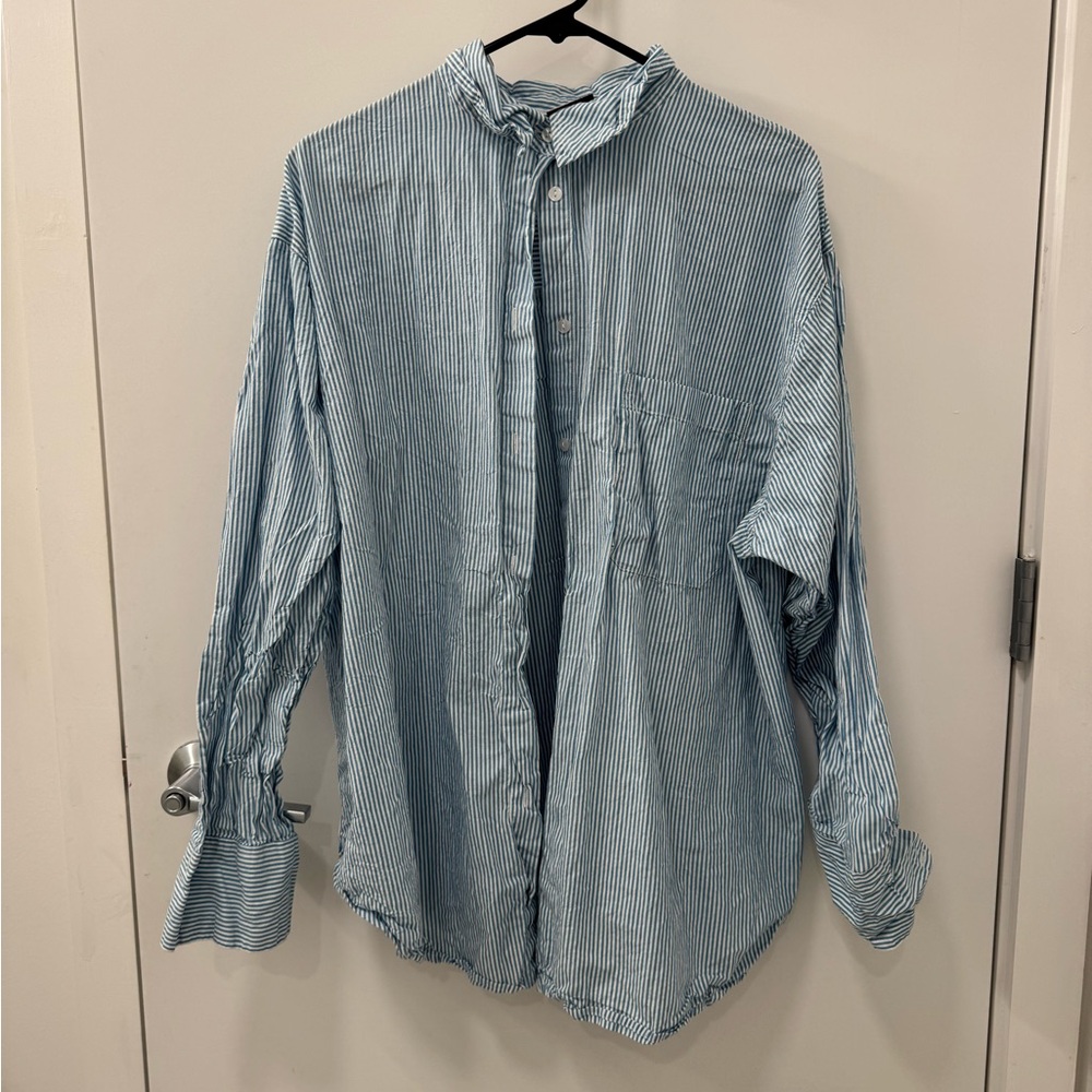 ASOS DESIGN CURVE oversized shirt in blue and white stripe